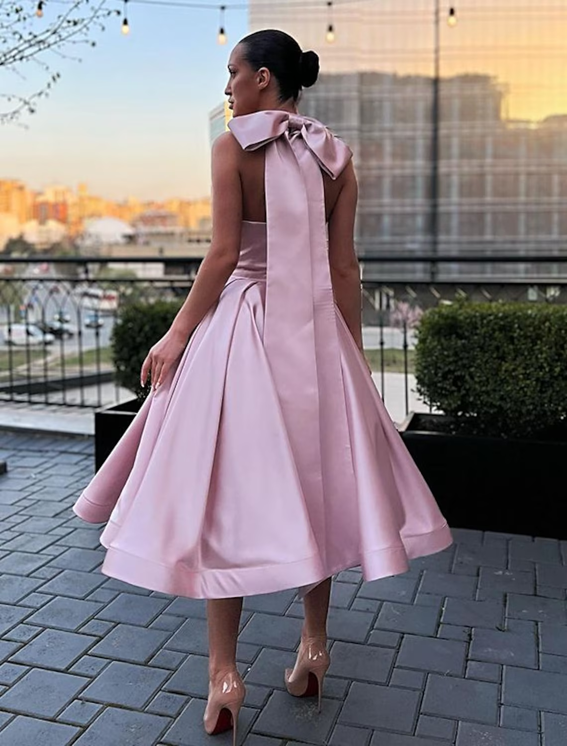 Luolandi A-Line Evening Gown Plus Size Dress Homecoming Ankle Length Sleeveless Halter Satin